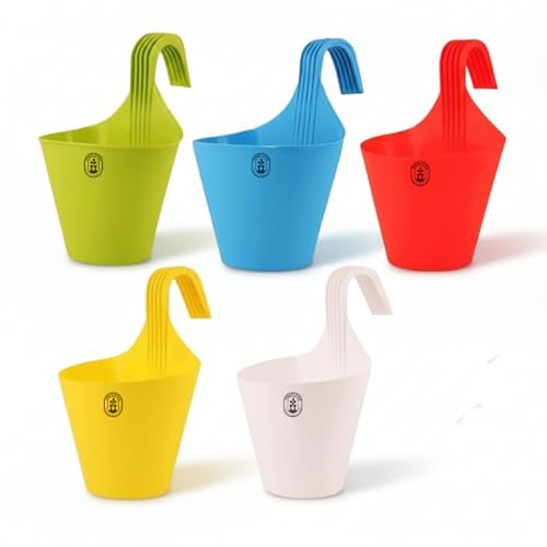 Image of Urban Upvan Plastic Hanging Planters 5 Pcs (8 Inch, Multicolor) | Flower Hanging Pots for Home & Balcony Garden | Hanging Planters for Home Plants | Hooked Hanging Pots