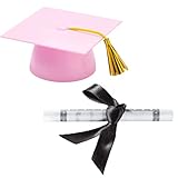 Plastic Graduation Cap Cake Topper with Large Paper Diploma Cake Topper (Pink)