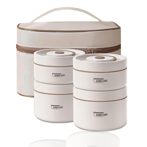 Sightday Lot de 4 boîtes à déjeuner thermiques en acier inoxydable avec sac, récipient isotherme pour nourriture, anti-fuite pour la maison, le bureau, les pique-niques (beige-2 x 440 ml et 2 x 600 ml