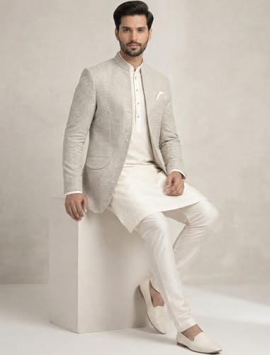 Image of Amzira Men's Jacquard Koti Kurta Set | Mandarin Collar | Full Sleeves Ethnic Wear | Festive & Wedding Traditional Outfit for Men