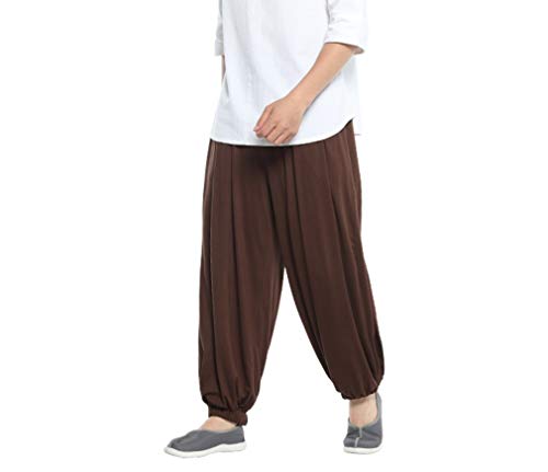 DGXIN Men Elasticated Waist Monk Trousers Lay Buddhist Yoga Kungfu Summer Zen Pants (L, Coffee)