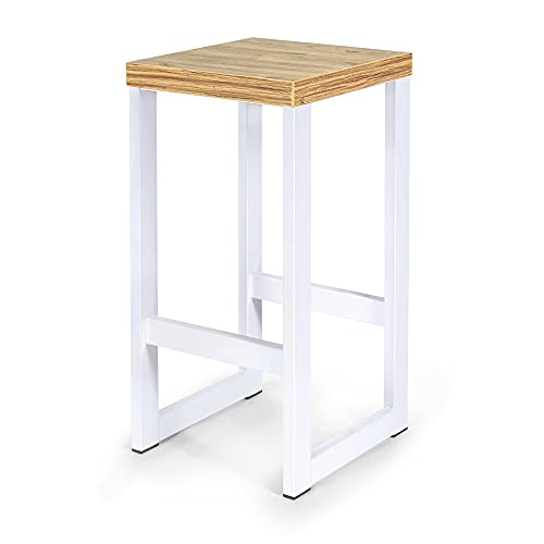Tabouret de Bar, Industriel en métal avec Repose-Pieds H60 cm (Chêne, Blanc) Cover