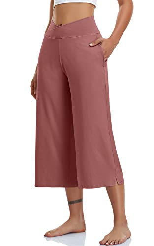 Image of TARSE Womens Casual Wide Leg Yoga Capris Crossover High Waist Capri Pants Loose Soft Pajama Pockets Sweatpants