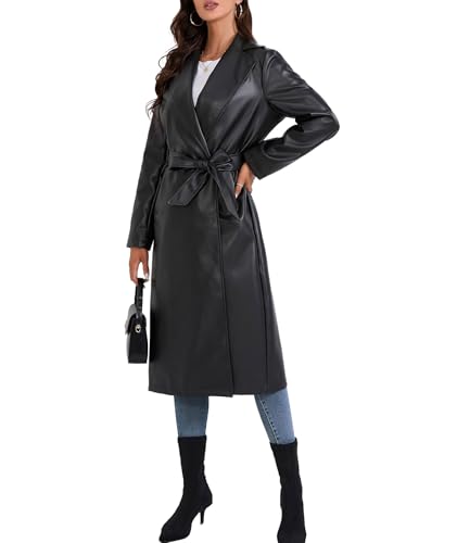 SEMATOMALA Women's Black Faux Leather Long Coat PU Leather Notched Lapel Trench Coat Open Front Maxi Jacket Overcoat3