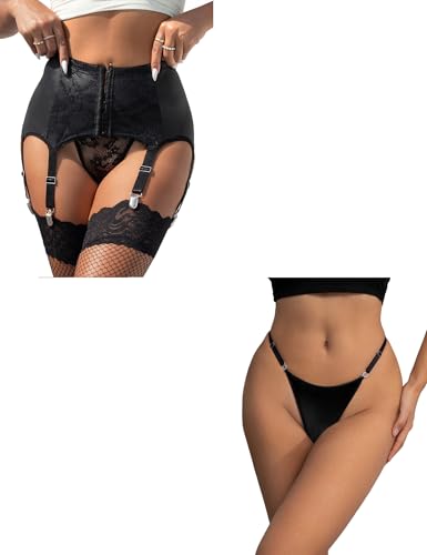 ohyeahlady Womens Garter Belt with 6 Vintage Metal Clips and G String Thongs for Women Ice Silk Sexy Leopard Micro Thong Underwear (Black S)