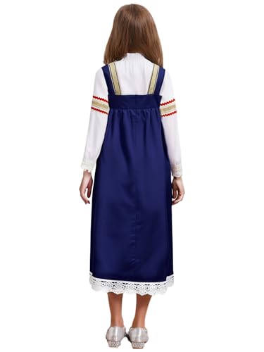Child Girls Russian Ethnic Performance Dress Embroidered Blouse with Overalls and Headpiece White&Navy Blue 3 Years2