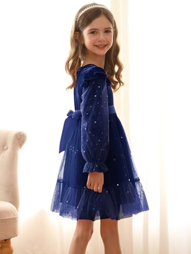 Hotfiary Toddler Girls Velvet Tulle Dress Little Girls Long Sleeve Ruffle Sequin Tutu Christmas Party Holiday Dress 2-7 Years4