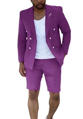 Image of Short Suits for Men 2 Piece Summer Mens Suit Beach Wedding Tuxedo | Double breasted jacket, peaked lapel, shorts, slim fit, summer suits for men, dinner party prom, vacation, business casual