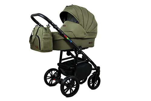 BabyLux 4-in-1 Kinderwagen Color Lux Isofix Basis Kinderwagen Tiefschlafwagen & Autositz OEKO-TEX STANDARD 100 Zertifiziert 59cmx101cmx112cm 14 kg Olive Black Frame