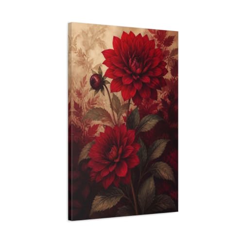 Tableau dahlia rouge en toile de 50x75 cm pour décoration murale de salon