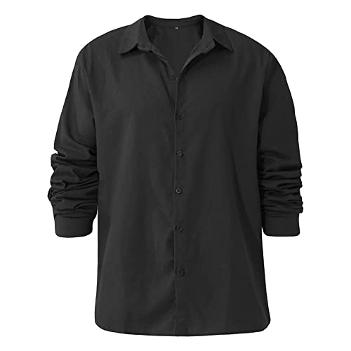 Men's Linen Button Down Shirts Casual Long Sleeve Summer Beach Shirt Tops Lightweight Solid Color Loose Fit Shirt (Black,Medium)