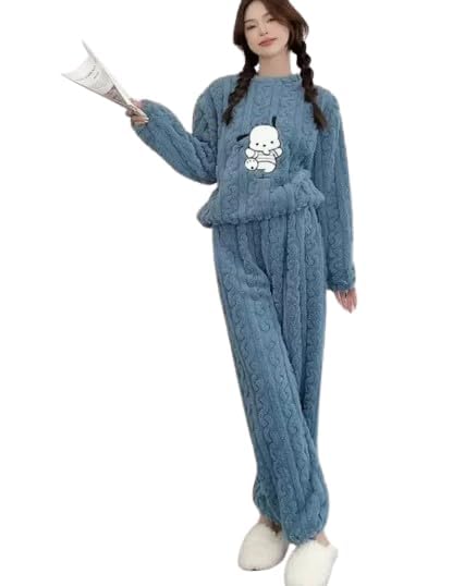 Cute Cartoon Printed Design Women Pajama Set Soft Warm Fleece Sweatsuit Sets for Winter Free Size (28 Till 34) Blue