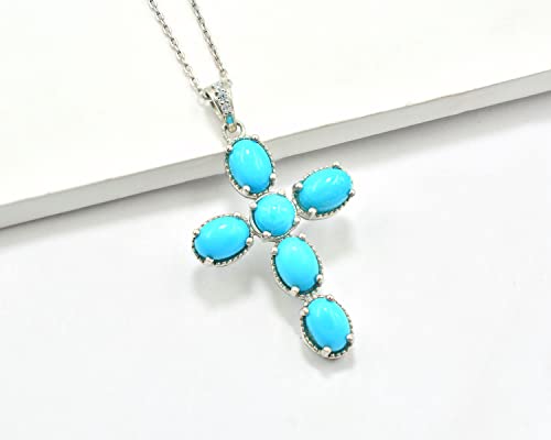 Natural Sleeping Beauty Turquoise 7X5 MM Oval Round Gemstone 925 Sterling Silver Holy Cross Pendant Necklace December Birthstone Turquoise Jewelry Proposal Necklace Gift Girlfriend (PD-8458)2