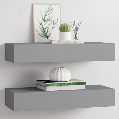 Juego de 2 estantes de pared con cajón, mesita de noche con estante, estantes de pared para dormitorio, oficina, salón, carga 10 kg, MDF blanco