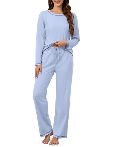 Image of KCW Womens Pajamas Sets 100% Cotton 2 Piece Lounge Set Long Sleeve Tops and Pants Soft Pjs Sleepwear with Pockets