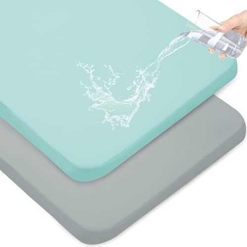 Image of Waterproof Pack and Play Sheets Fitted 2 Pack, Compatible with Graco Pack n Play Sheets 38" X 26" Fits for Baby Playpen/Playard Mattress, Mini Crib Sheets for Boys or Girls, Grey & Aqua Blue