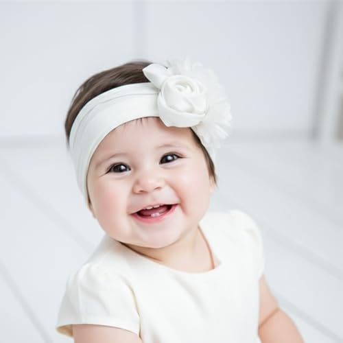Image of SYGA Baby Headbands Girls Rose Flower Nylon Strechable Hairbands For Newborn Infant Toddlers Kids 0-3 Year (White)