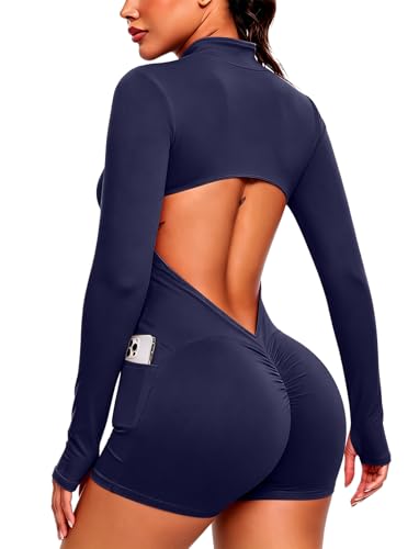 SEASUM Women's Gym Romper Long Sleeve Backless Workout Bodysuit Side Pockets Hip Lifting Zip Up Stretch Jumpsuits Navy Blue XS
