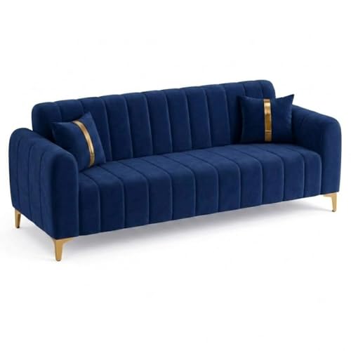 Image of FURNY Harmony 3 Seater Fabric Sofa Set & Golden Legs (Dark Blue) with Velvet Finish | Durable Comfort | Ideal for Living Room