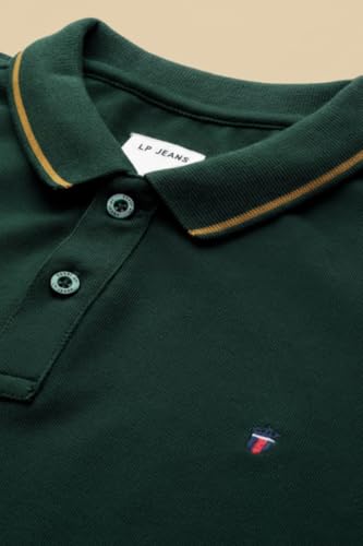 Image of Louis Philippe Men's Slim Fit Single-Tuck Pique Stylized Sleeve Print and Contrast Tipping Half Sleeve Solid Polo Tshirt