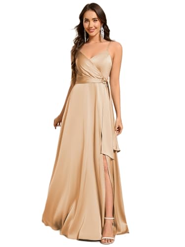 Image of Ever-Pretty Women's Sexy Spaghetti Straps Ruched V Neck Floor Length Satin Formal Dress with Slit 02317