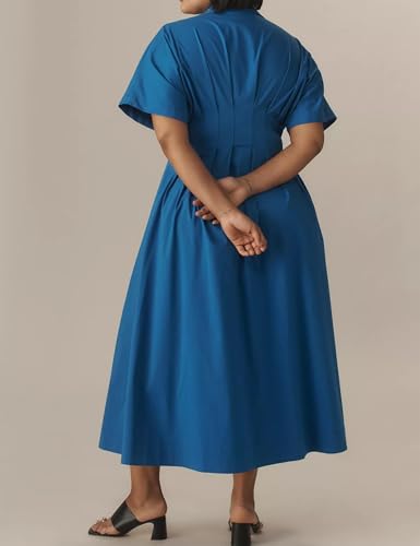 Image of Women's Striped Button Front Pleated Maxi Shirts Dress Short Sleeve Collar V Neck Summer Casual Corset Long Dress