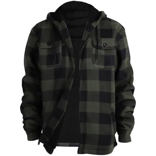 LeeHanTon Men Fashionable Heavy Weight Sherpa Lined Fleece Plaid Flannel Hoodie Jacket Thick Flannel Plaid Jacket Comfort Zip Up Hoodie Green Size Xl