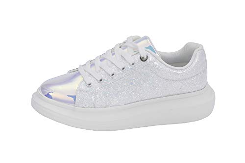 LUCKY STEP Glitter Sneakers Lace up | Fashion Sneakers | Sparkly Shoes for Women (White,8 B(M) US)