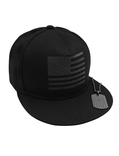 CAIIST Black American Flag Hat for Men&Women, Flat&Wide Brim Fitted Hats for Men, Structured Front Panel Snapback Hats for Men, Cool Shape Mens Hats(Black Necklace)