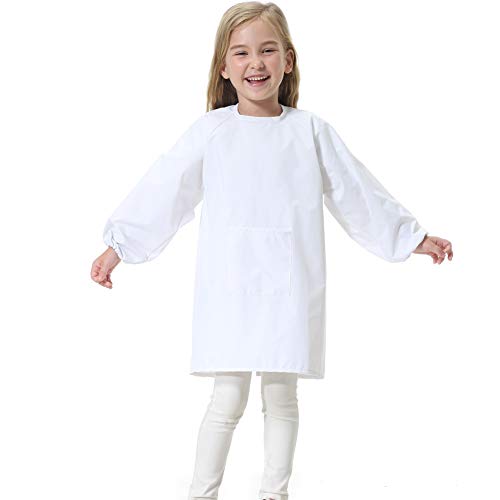 Yundxi Delantal Infantil Pintura, Impermeable Delantales de Niño, de Manga Larga y Resistente Agua, para Artes y Manualidades (Blanco, Medium) Cover