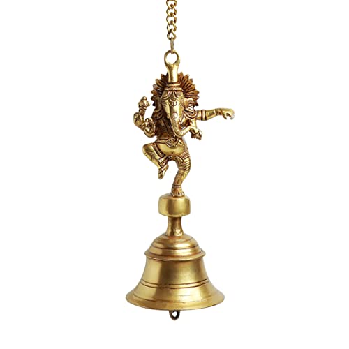 Image of ExclusiveLane 'Dancing Ganpati' Pure Brass Hanging Bells for Pooja Room (Set of 1, 3.4 x 3.4 x 9.3 Inch, 1.2 Kg) | Brass Bells for Mandir Temple Bell Hanging Temple Bells for Home Decoration