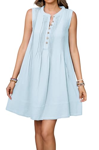 Image of R.Vivimos Sleeveless Cotton Casual Dresses for Women Summer 2026 Button Up Ruched Loose Tunic Mini Dress with Pockets