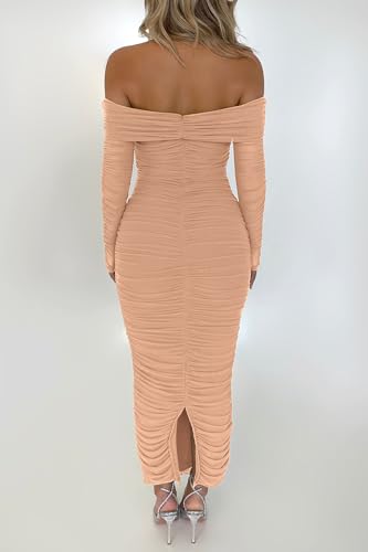 PRETTYGARDEN Women's Fall Off The Shoulder Maxi Dress Spring Long Sleeve Ruched Fitted Bodycon Club Dresses with Slit
