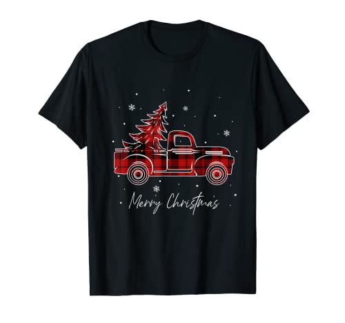 Merry Christmas Buffalo Truck Tree - Camiseta de cuadros rojos para hombres y mujeres