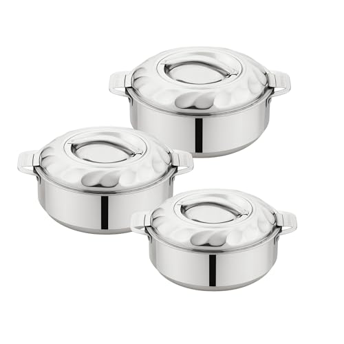 Image of Stainless Steel Casserole with Lid, Set of 3 (2500 ml, 3500 ml, 5000 ml), Double Wall Insulated Hotpot, Keeps Food Hot & Fresh, Durable Heavy Duty, Ideal for Roti, Rice, Curry, Biryani - Silver