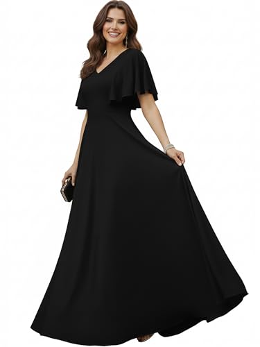 KOH KOH Plus Size Womens Short Sleeve Ruffle Elegant Modest Dressy Wedding Guest Prom Bridesmaid Cocktail Party Flowy Long Tall Formal Maxi Dress Dresses Gown Gowns, Black 2XL 18-20