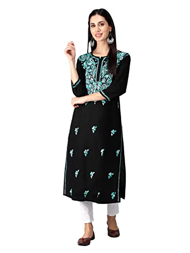 Image of Seva Chikan Hand Embroidered Lucknowi Chikankari Regular Straight Cotton Kurta Kurti for Women SCL4243