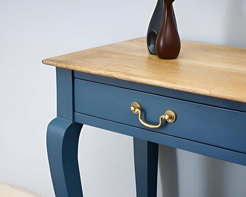 Image of Wooden Console Table with 2 Drawers, Natural Wood Top, Curved Legs, Entryway Sofa Table, Sheesham Wood Study Table with Shelf Storage, 46Lx17Wx30H Inches. (Denim Blue)