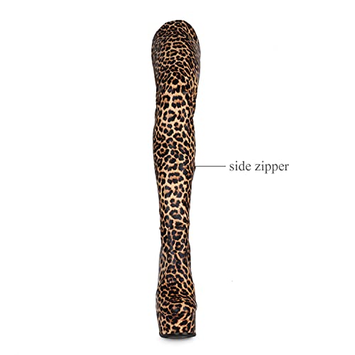 Moommo Women Leopard Platform Thigh High Boots Elastic Stiletto High Heel Stretch Over The Knee Boots Zipper Round Toe Sexy Thigh High Go Go Boots Pull On Ladies Dressy Winter Leopard Brown 11 M Us #TOP2