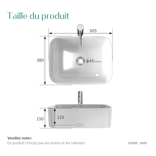 EMKE Aufsatzwaschtisch, rechteckig, 50,5 × 38 × 15 cm, Waschbecken für Gäste-WC, Aufsatzwaschbecken aus Keramik, für Waschbecken, Badezimmer, Weiß