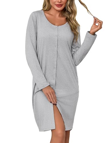 Litherday Camisón Mujer Manga Larga Algodón con Botones Cuello Redondo Bata de Dormir Pijama Invierno Premamá Lactancia Suave y Cómodo