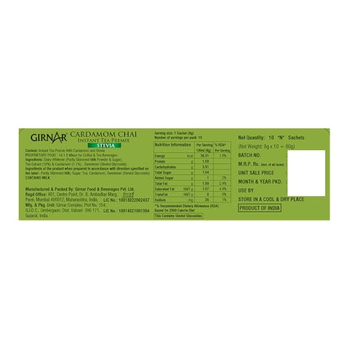 Image of Girnar Instant Cardamom Chai Premix With Stevia - 10 Sachets, 100 Grams