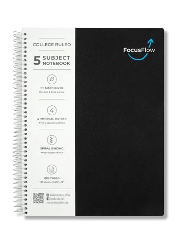 Image of DOODLE Focus Flow 5 Subject Spiral Notebook | Pack of 1 | Black | 200 Sheets, College Ruled Paper | Notebook with Dividers & Water Resistant Cover for School, College, Office & Business Notes