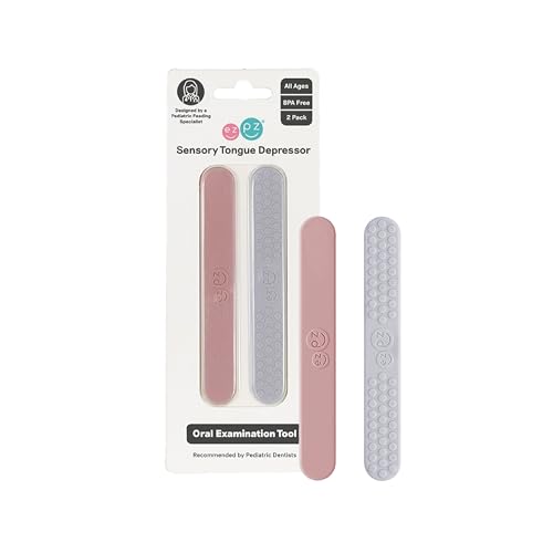 Image of ezpz Sensory Tongue Depressors - All Ages (2 Pack in Blush /Pewter) - Silicone /Stainless Steel Tongue Depressor for Visibility Into the Mouth + Healthy Oral Care Routine
