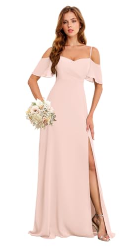 Image of Women's Off The Shoulder Mermaid Bridesmaid Dresses with Slit Long Chiffon Formal Evening Gown Pink US2 HGR93