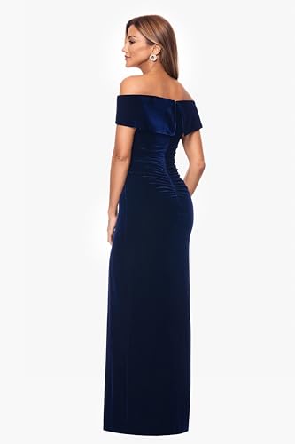 Xscape Women's Long Velvet Off-The-Shoulder Gown with Leg Slit and Center Back Zipper, Navy, 123