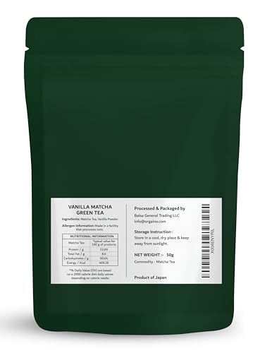 Orgaino Vanilla Matcha Green Tea Powder (50g, 25 Cups) | Japanese Matcha Powder With Pure Vanilla | Premium Matcha For Weight Management, Antioxidants |Ideal for Lattes, Baking & Smoothies