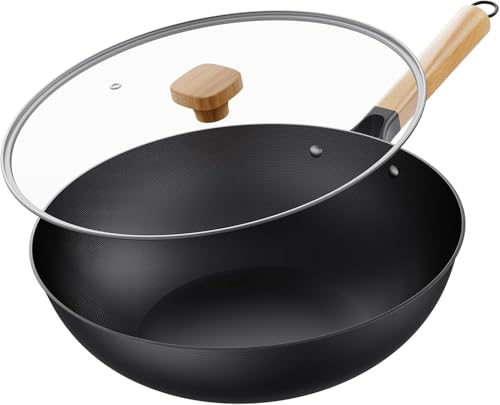 Jobin 30cm Wok Antiadherente con Tapa, Wok Induccion Sin Recubrimiento Químico y Gran Capacidad para Porciones de Comida de 3-5 Personas, Ideal para Cocinas de Inducción, Eléctricas y de Gas