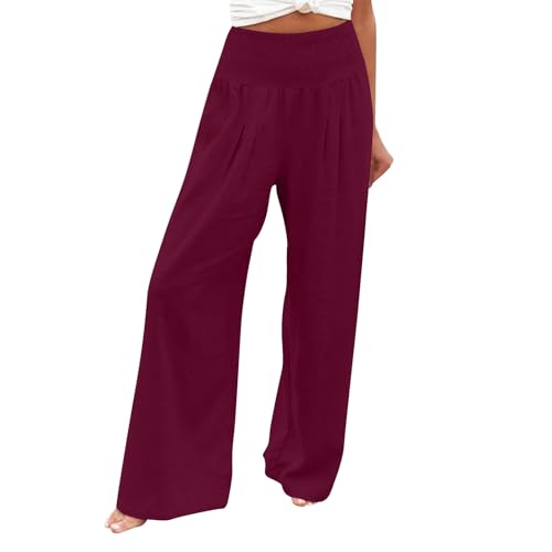 Wide Leg Womens Linen Pants High Waisted Straight Palazzo Pants Breathable Vacation Summer Lounge Casual Trousers