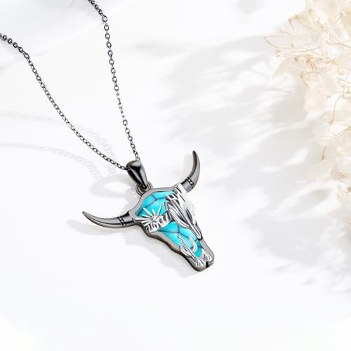 Midir&Etain Western Necklace 925 Sterling Silver Turquoise Pendant Highland Cow/Cow Skull/Hat/Tag/Cactus/Boot Cowgirl Country Jewelry for Women Men2